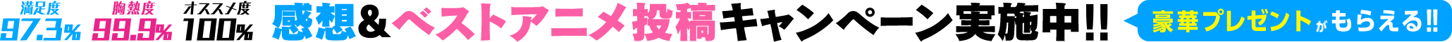 満足度97.3% 胸熱度99.9% オススメ度100% 感想投稿キャンペーン実施中！！「豪華プレゼントがもらえる」